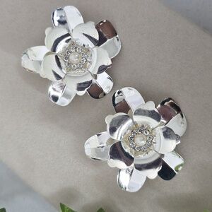 Large Silver Flower Statment Earrings with Rhinestones